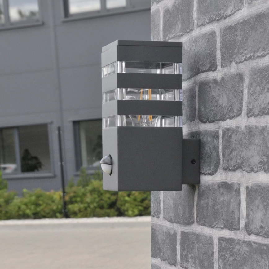 Outdoor wall light with a sensor TEKSAS 1xE27/12W/230V IP44 graphite