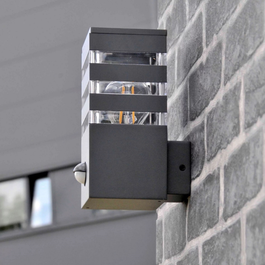 Outdoor wall light with a sensor TEKSAS 1xE27/12W/230V IP44 graphite