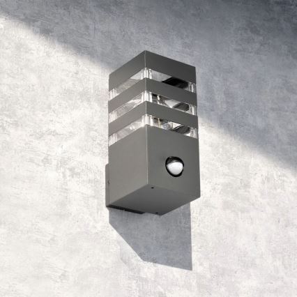 Outdoor wall light with a sensor TEKSAS 1xE27/12W/230V IP44 graphite