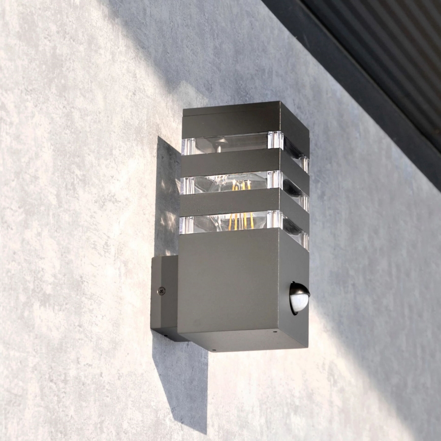 Outdoor wall light with a sensor TEKSAS 1xE27/12W/230V IP44 graphite