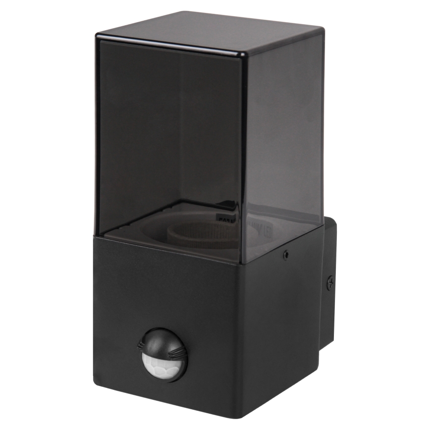 Outdoor wall light with motion and dusk sensor, 1xE27/40W/230V, IP44, black/smoked