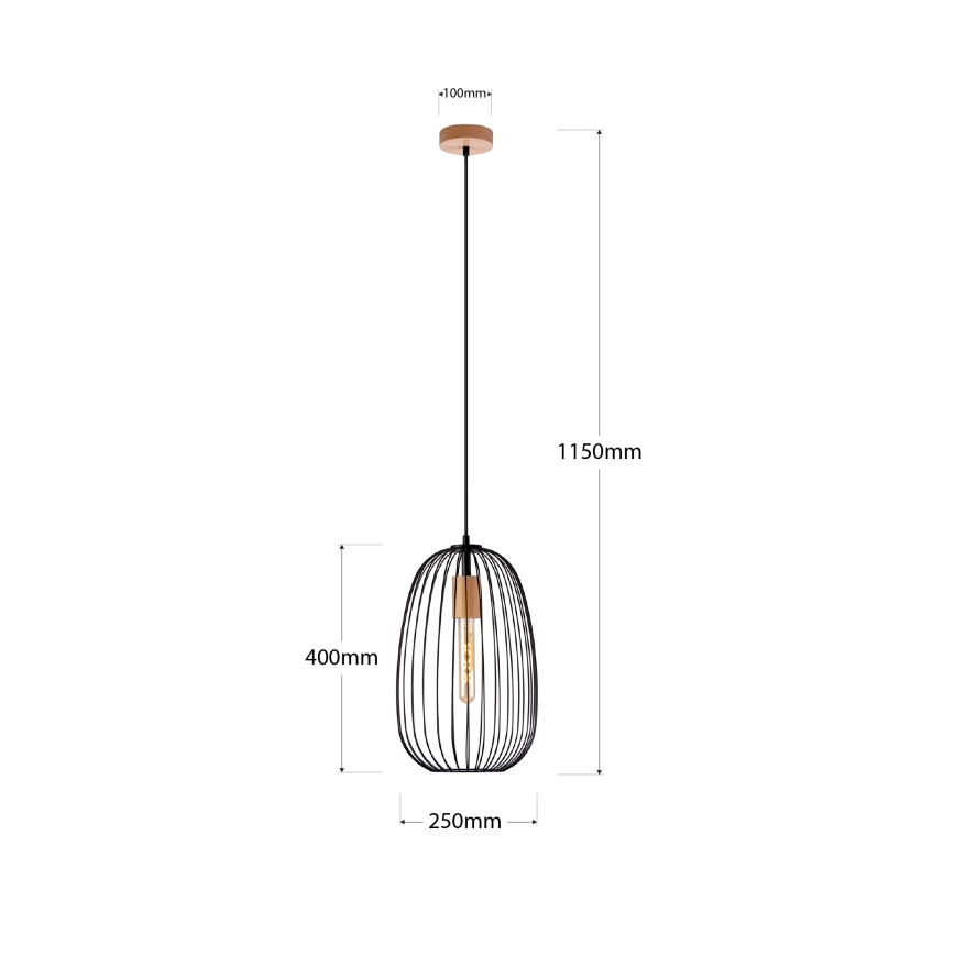 OVELLA Pendant Light with Cord 1xE27/15W/230V Ø 25 cm Black/Pine
