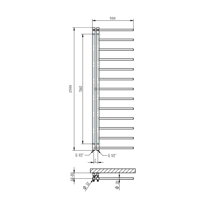 P.M.H. AP2W-L - APOLLO Bathroom Heated Towel Rail 346W 150 cm Right/White