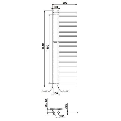 P.M.H. T2C-L - THEIA Bathroom Ladder Radiator, 352 W, 154 cm, Left-Hand, Polished Chrome
