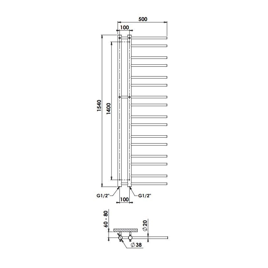 P.M.H. T2C-L - THEIA Bathroom Ladder Radiator, 352 W, 154 cm, Left-Hand, Polished Chrome