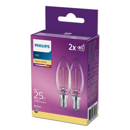 PACK 2x LED Bulb Philips B35 E14/2W/230V 2700K