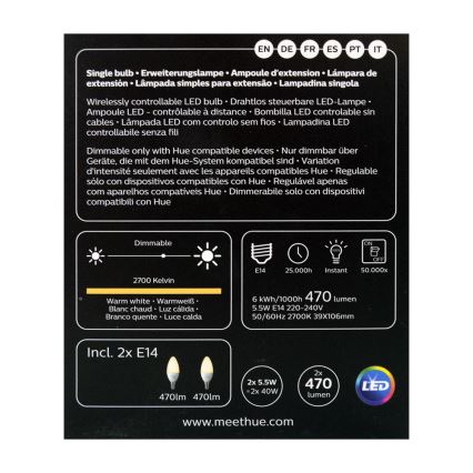 PACK 2x LED Dimmable bulb Philips Hue WHITE E14/5,5W/230V 2700K