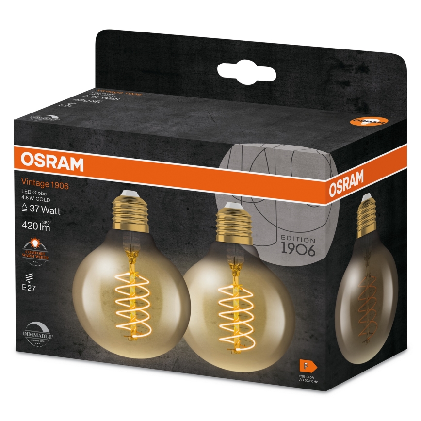 Pack of 2 Dimmable LED Vintage Filament Bulbs E27/4.8W/230V 2200K - Osram