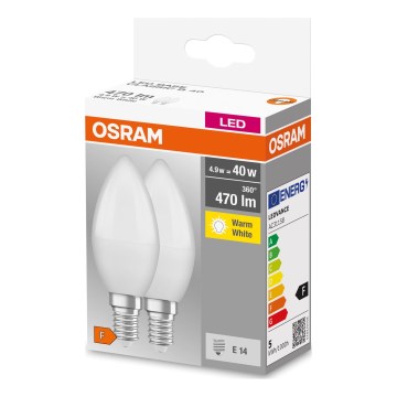 Pack of 2 LED Bulbs B38 E14/4,9W/230V 2700K - Osram