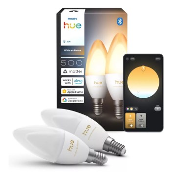 Pack of 2 Philips Hue WHITE AMBIANCE B39 E14 LED Dimmable Bulbs, 3.7W, 230V, 1000-20000K
