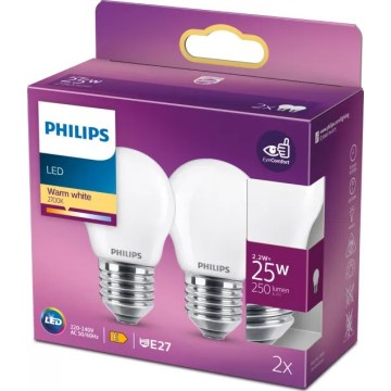 Pack of 2 Philips P45 LED Bulbs E27/2.2W/230V 2700K