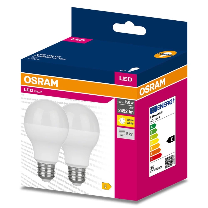 Pack of 2 VALUE CLASSIC LED Bulbs E27/19W/230V 2700K - Osram