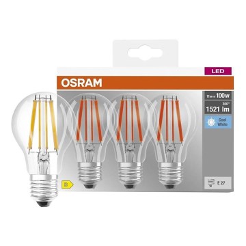 Pack of 3 energy-saving LED bulbs BASE CLASSIC FILAMENT A60, E27, 11W, 230V, 4000K - Osram