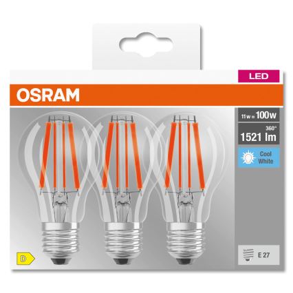 Pack of 3 energy-saving LED bulbs BASE CLASSIC FILAMENT A60, E27, 11W, 230V, 4000K - Osram