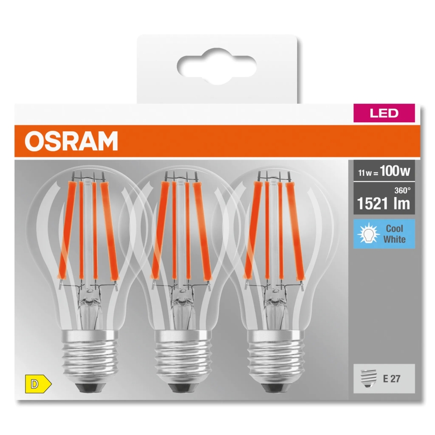 Pack of 3 energy-saving LED bulbs BASE CLASSIC FILAMENT A60, E27, 11W, 230V, 4000K - Osram
