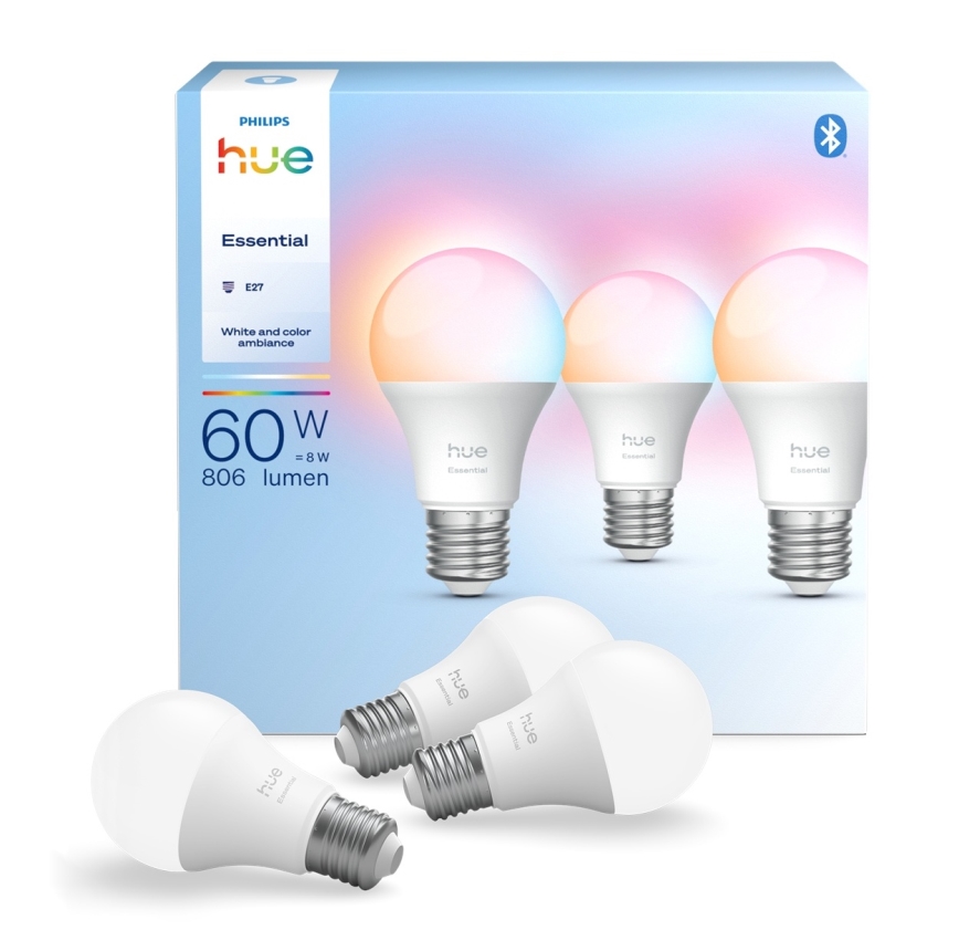Pack of 3 Philips Hue White and Color Ambiance Essential Dimmable LED Bulbs E27, 8W, 230V, 2200–6500K