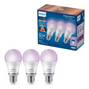 Pack of 3 Philips SMART A60 RGB Dimmable LED Bulbs, E27, 8.8W, 230V, 2200–6500K