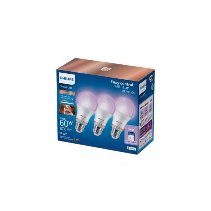 Pack of 3 Philips SMART A60 RGB Dimmable LED Bulbs, E27, 8.8W, 230V, 2200–6500K