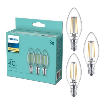 Pack of 3 Philips Vintage LED B35 Bulbs, E14, 4.3W, 230V, 2700K