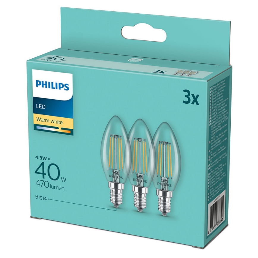 Pack of 3 Philips Vintage LED B35 Bulbs, E14, 4.3W, 230V, 2700K