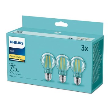 Pack of 3 Philips Vintage LED Bulbs E27/8.5W/230V 2700K
