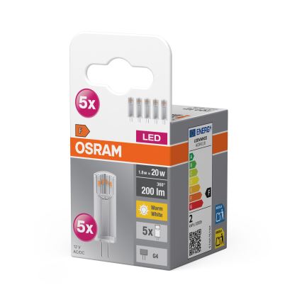 Pack of 5 G4 LED Pin Bulbs 1.8W/12V 2700K - Osram