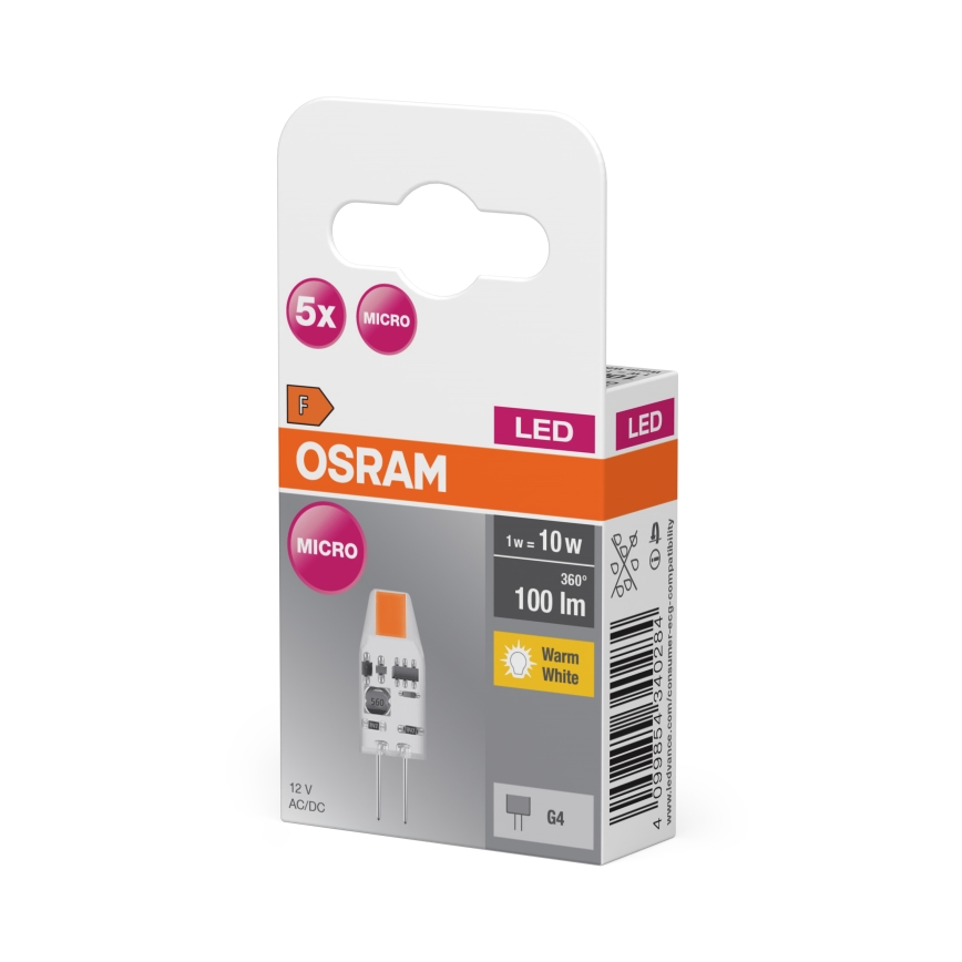 Pack of 5 LED G4 Micro Pin Bulbs, 1W, 12V, 2700K - Osram