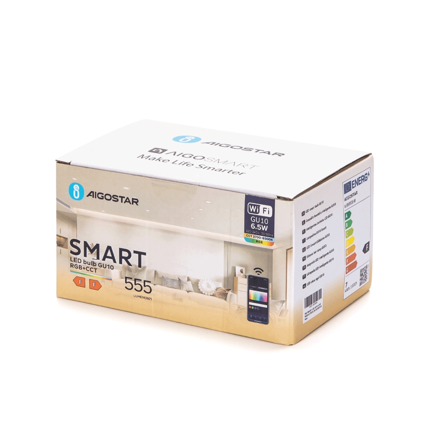 Pack of 6 LED RGBW Dimmable GU10 Bulbs 6,5W/230V 2700-6500K Wi-Fi - Aigostar