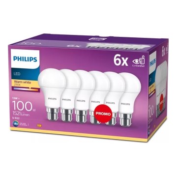 Pack of 6 Philips A60 LED Bulbs B22/13W/230V 2700K