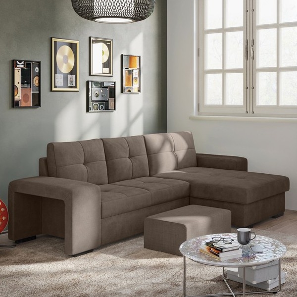 PALERMO Brown Right-Hand Sofa Bed with Storage and Ottoman