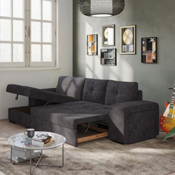 PALERMO Left-Hand Black Sofa Bed with Storage and Ottoman