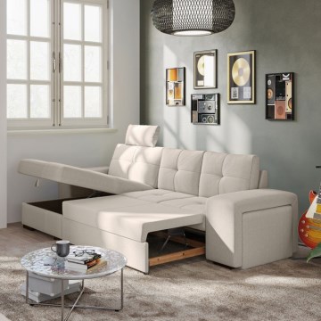 PALERMO left-hand sofa bed with storage and ottoman, light grey