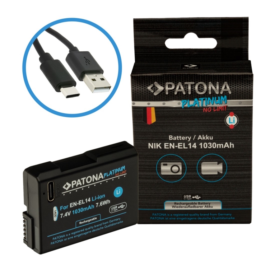 PATONA - Battery Nikon EN-EL14/EN-EL14A 1030mAh Li-Ion Platinum USB-C charging