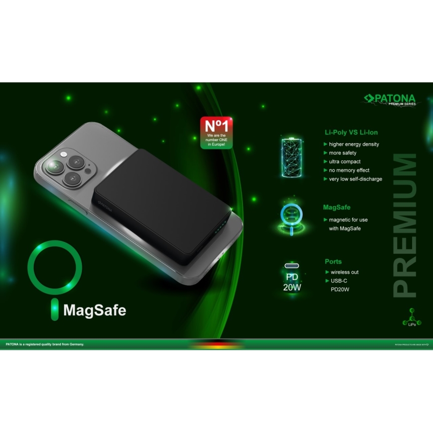 PATONA - Power Bank 10000mAh Li-Pol-PD20W MagSafe USB-C and Qi charging