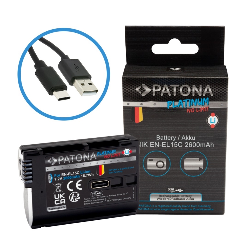 PATONA - Rechargeable Battery for Nikon EN-EL15C 2600mAh Li-Ion Platinum USB-C