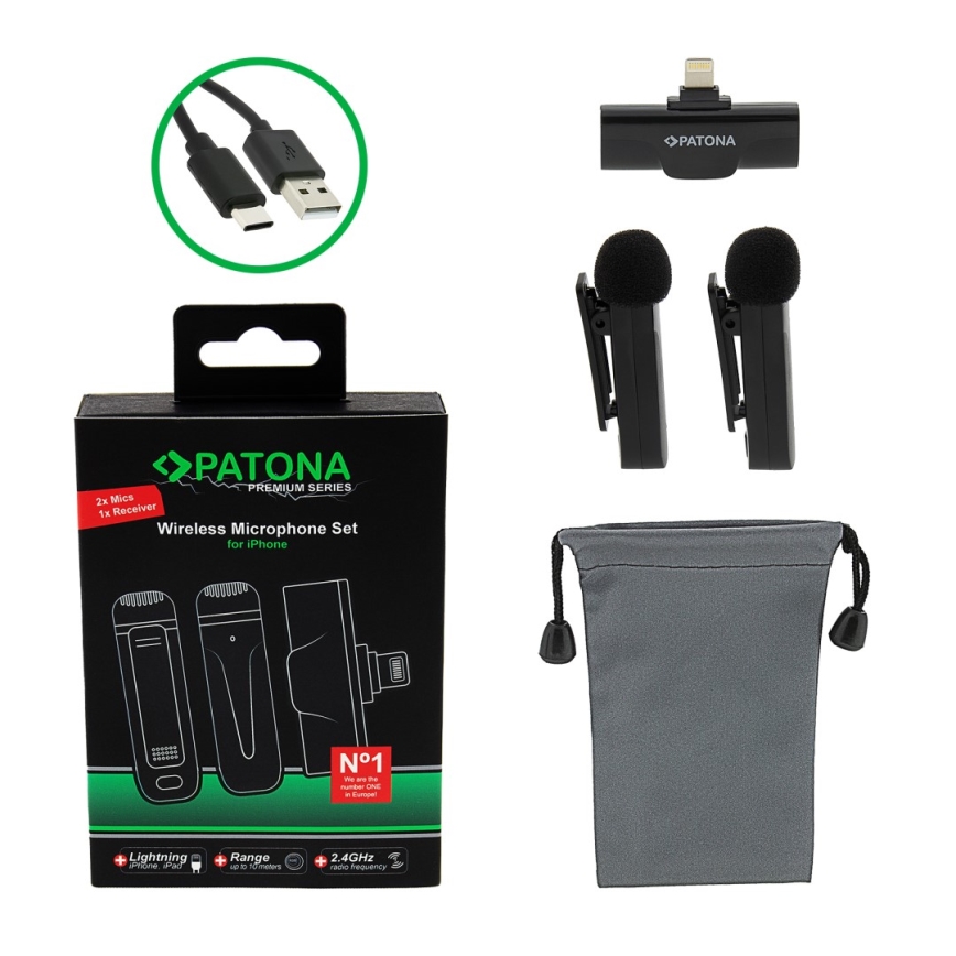 PATONA - SET 2x Wireless microphone with a clip for iPhones USB-C 5V 50 mAh
