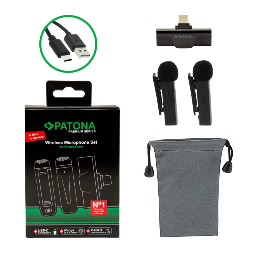PATONA - SET 2x Wireless microphone with a clip for smartphones USB-C 5V