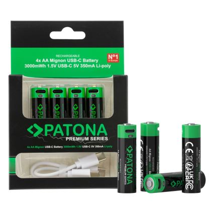 PATONA - SET 4x Battery AA/LR6 Li-Pol 2000mAh 1,5Vs with USB-C charging