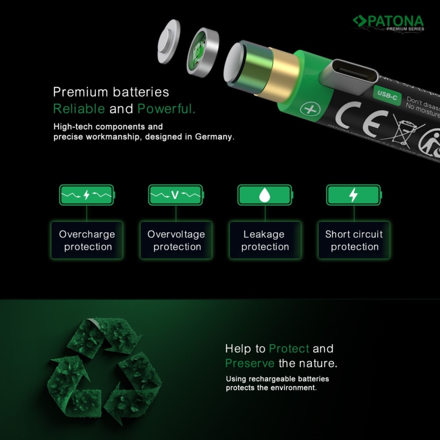 PATONA - SET 4x Battery AA/LR6 Li-Pol 2000mAh 1,5Vs with USB-C charging