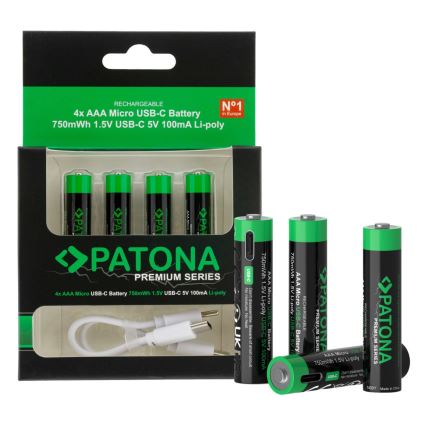 PATONA - SET 4x Battery AAA/LR03 Li-Pol 500mAh 1,5V with USB-C charging