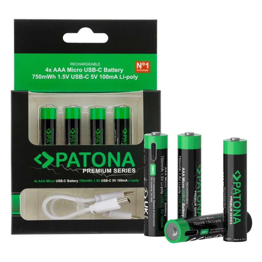 PATONA - SET 4x Battery AAA/LR03 Li-Pol 500mAh 1,5V with USB-C charging