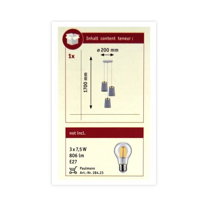 Paulmann 79627 - Chandelier on a string NORELL 3xE27/20W/230V concrete