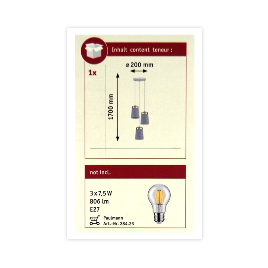 Paulmann 79627 - Chandelier on a string NORELL 3xE27/20W/230V concrete