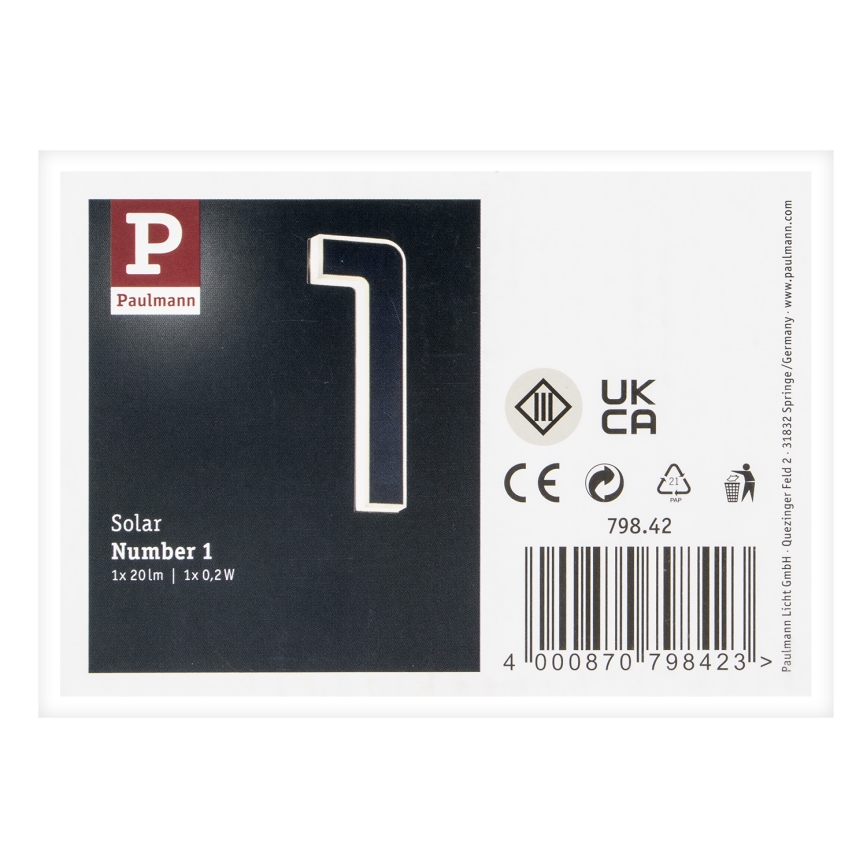 Paulmann 79842 - LED/0,2W IP44 Solar house number 1,2V