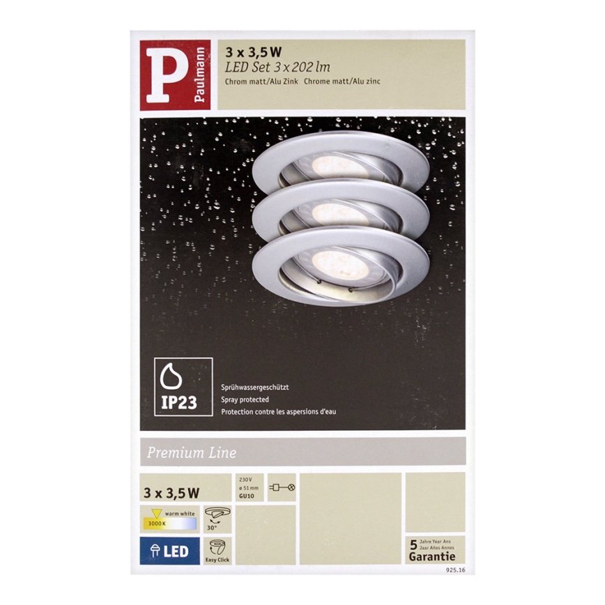 Paulmann 92516 - SET 3xLED-GU10/3,5W Bathroom recessed light PREMIUM LINE 230V