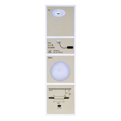 Paulmann 92847 - SET 3xLED/7W IP65 bathroom suspended ceiling light COIN 230V