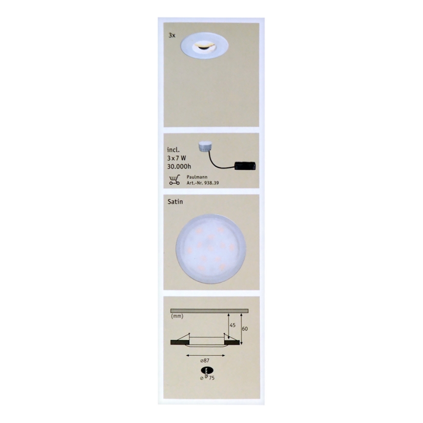 Paulmann 92847 - SET 3xLED/7W IP65 bathroom suspended ceiling light COIN 230V