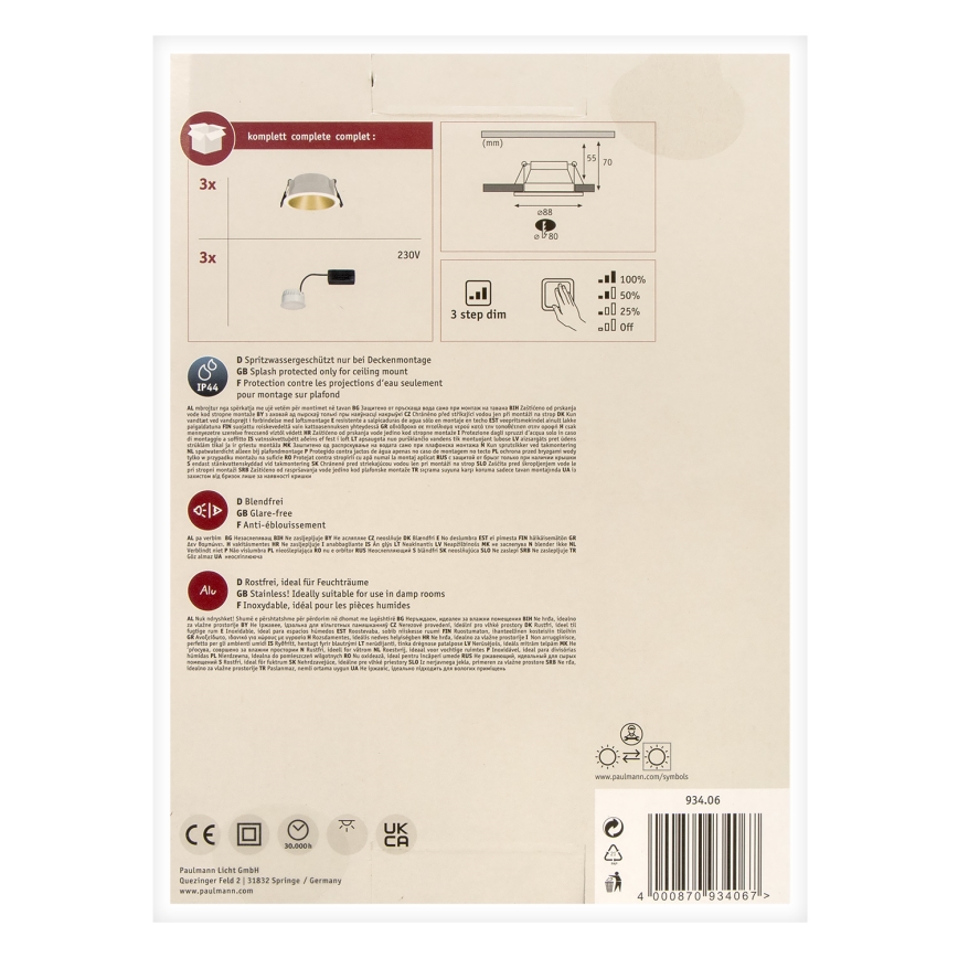 Paulmann 93406 - SET 3xLED/6,5W IP44 Dimmable bathroom recessed light COLE 230V