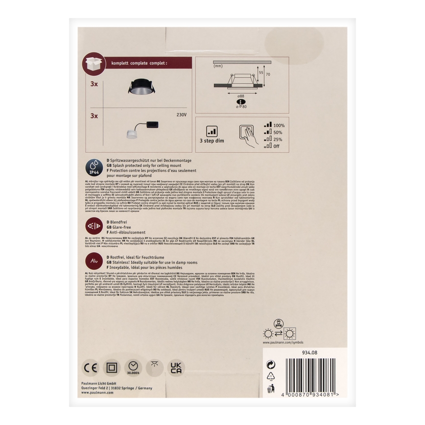 Paulmann 93408 - SET 3xLED/6,5W IP44 Dimmable bathroom recessed light COLE 230V