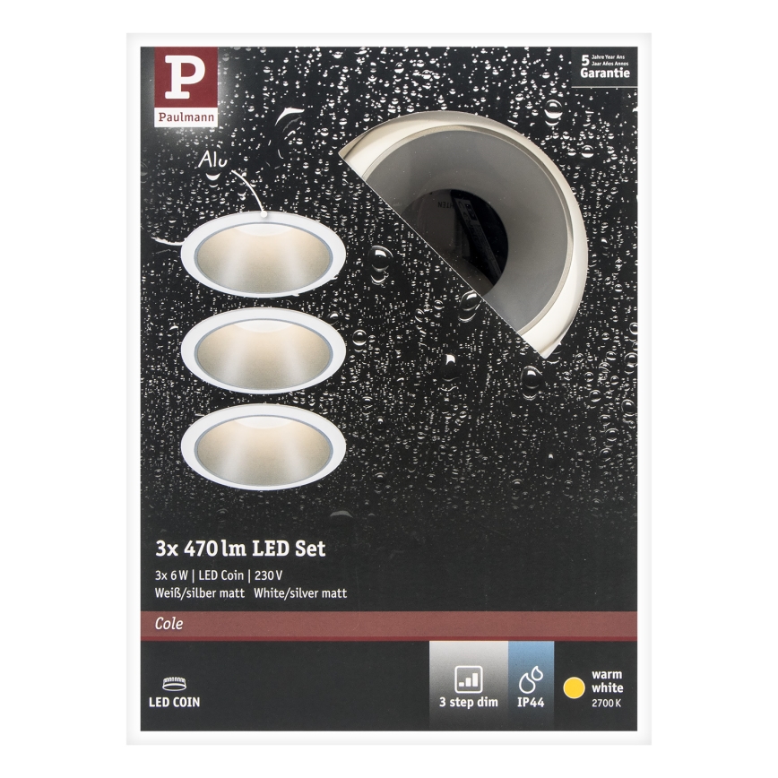 Paulmann 93410 - SET 3xLED/6,5W IP44 Dimmable bathroom recessed light COLE 230V
